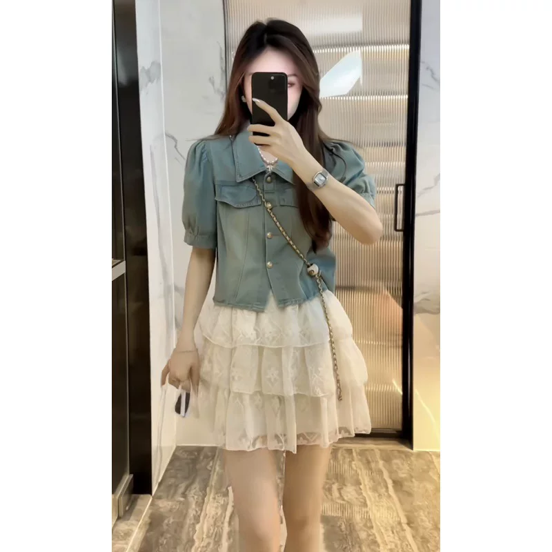 «Кросс-браничная торговля»? universal design set, brace, denim jacket, city style, trend of season, with short sleeve