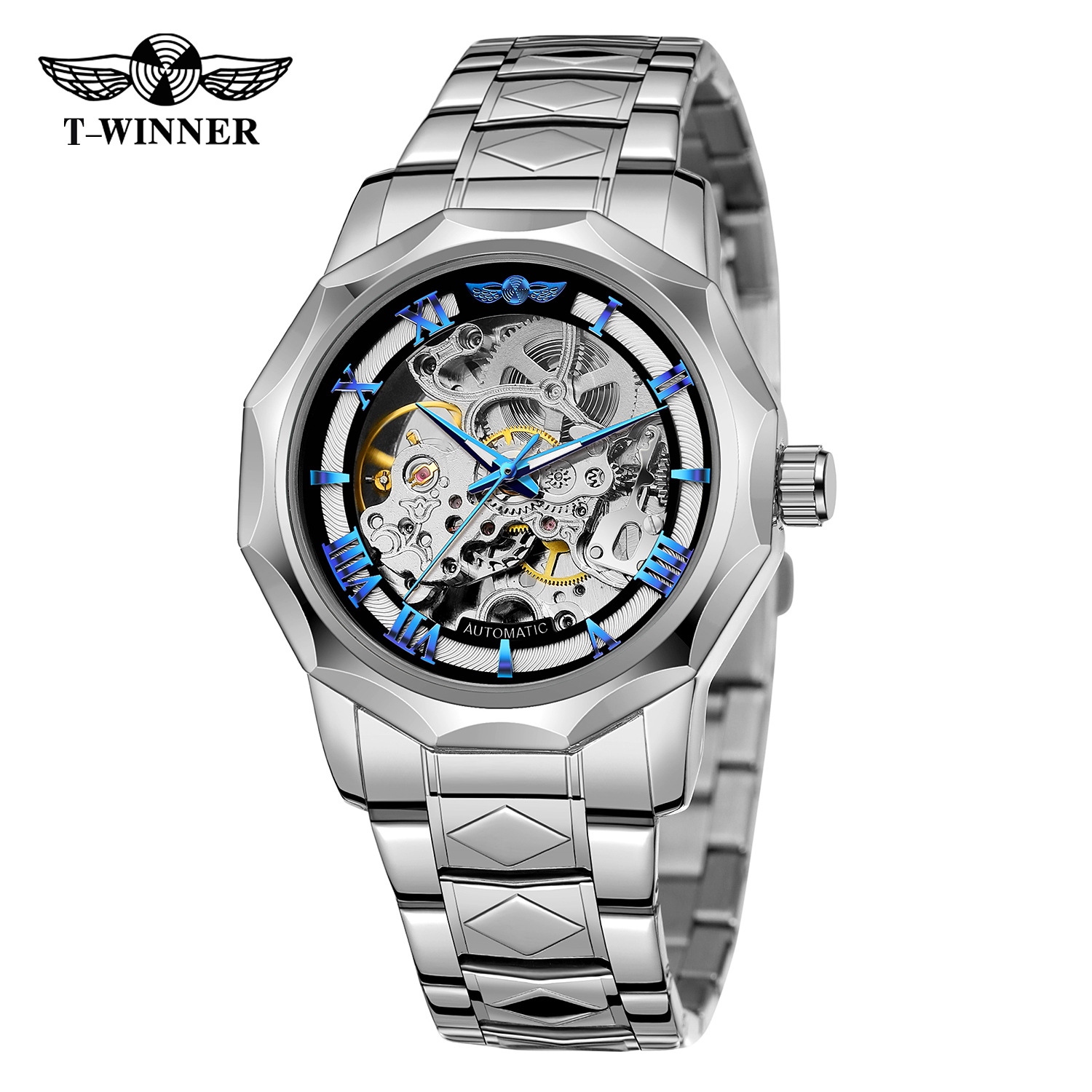 Nuevo ganador de polígono europeo y americano reloj mecánico de los hombres moda casual hueco de fondo transparente reloj automático