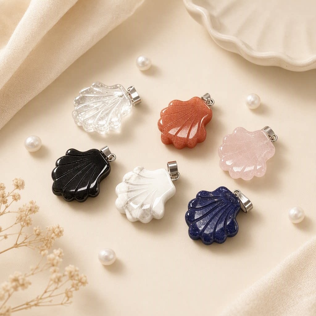 Natural crystal shell-shaped pendant, multi-material scallop charm, DIY necklace accessory, cross-border supply, obsidian