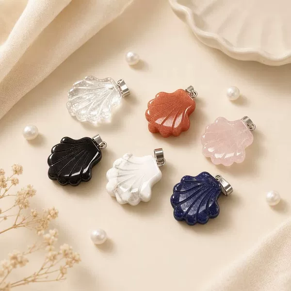 Natural crystal shell-shaped pendant, multi-material scallop charm, DIY necklace accessory, cross-border supply, obsidian