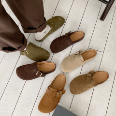 Genuine leather cow suede round toe retro 2022 autumn new flat soft bottom versatile one-legged toe-cap half slippers