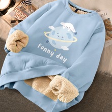 女士加绒卫衣女冬季加厚冬装2025年新款羊羔绒圆领无帽秋冬上衣冬