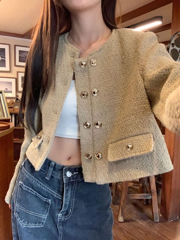 法式小香风短外套杏色圆领小个子百搭时尚韩风休闲小众减龄上衣女|undefined