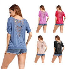 速卖通爆款 欧美夏装后幅拼接褛空花边圆领宽松加反袖T恤上衣9936