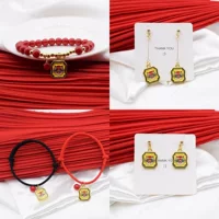 Ювелирный набор — стеклянное кулон‑колье, красная верёвочная bracelet и серьги, образец 925 серебра, сплав+стекло