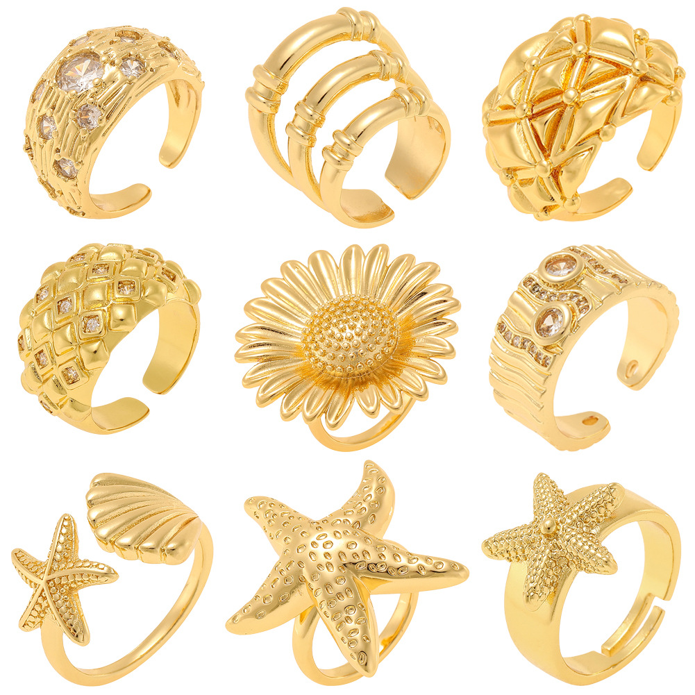 鸿玺 temu热销女式时尚饰品铜镀18K金色戒指星星戒指开口指环尾戒