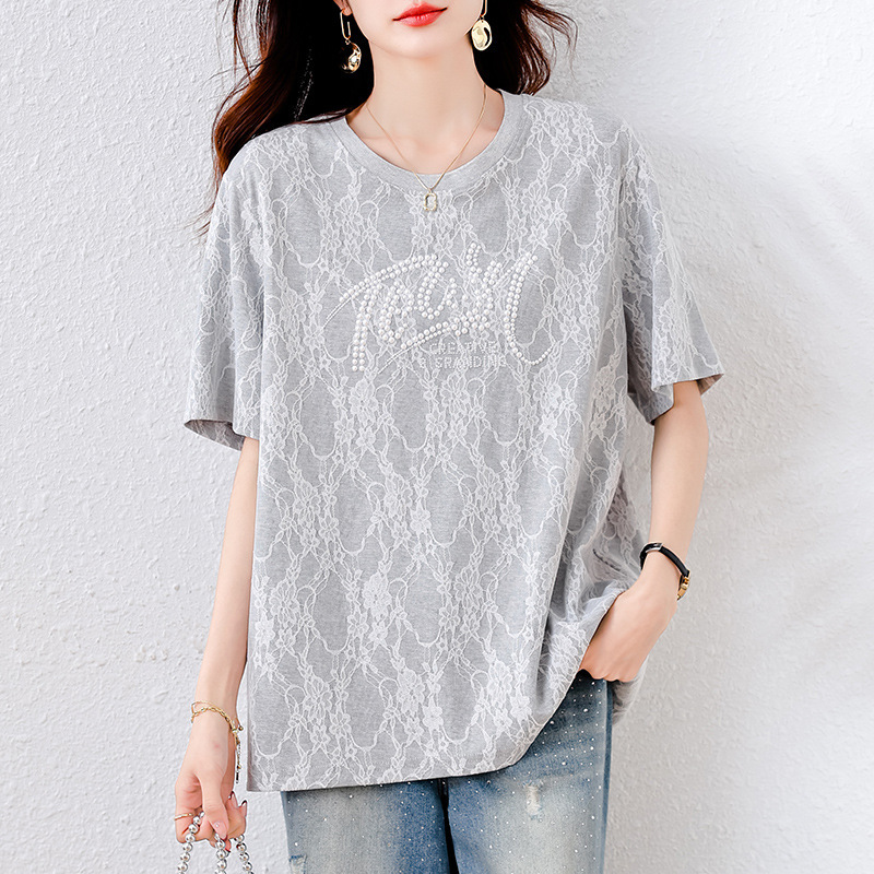 2025 New Style Tops with Lace Splicing, Hot Diamond Short-Sleeved T-Shirts, Summer European Plus Size Women's Clothing Trendy