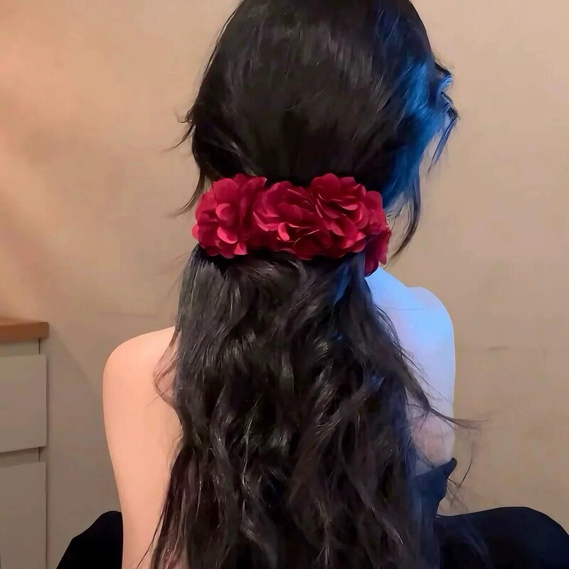 易梦玲同款红色花朵香蕉夹女高级感半扎发鲨鱼夹大号发夹头饰发卡|undefined