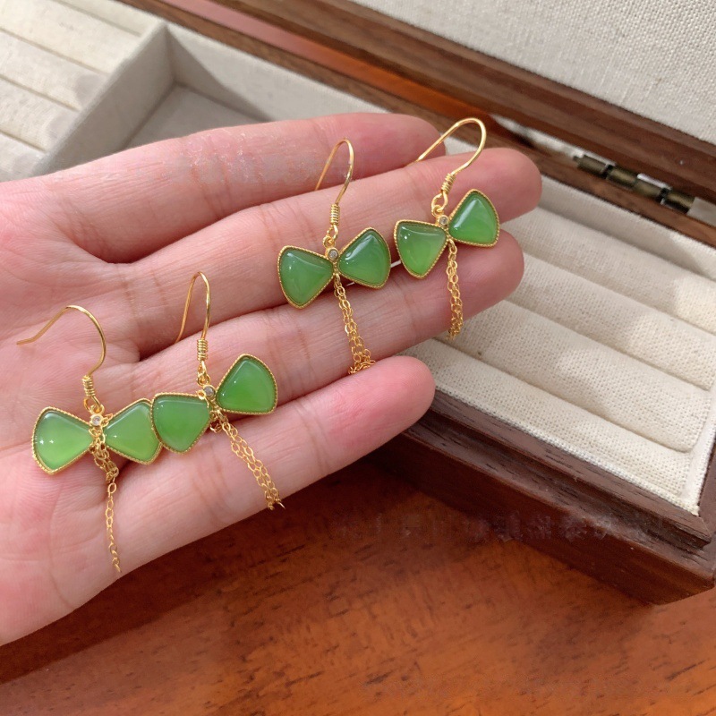 Natural Hetian Jade Jasper Bowknot Tassel Earrings S925 Silver Inlay Manufacturer Wholesale