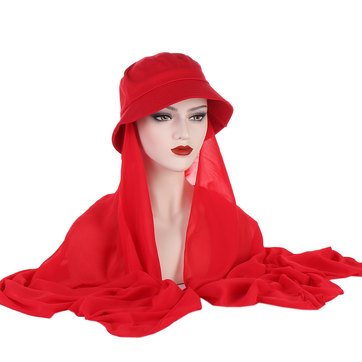 solid color chiffon plus fisherman hat long scarf pearl chiffon all-in-one scarf 2-piece set for drop shipping_voghion.com