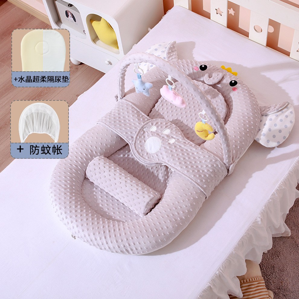 회색 코끼리 싱글 침대 + 슬로프 매트 + 장난감 선반 + 기저귀 패드 + 모기장