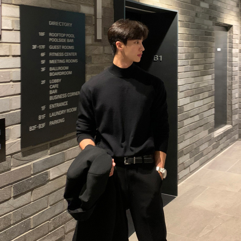 Autumn and Winter Solid Color Middle Collar Knitted Base Shirt Men's Korean-style Loose Casual Long-sleeved Interior High-end Semi-turtleneck Sweater Autumn and Winter Solid Color Middle Collar Knitted Base Shirt Men's Korean-style Loose Casual Long-sleeved Interior High-end Semi-turtleneck Sweater