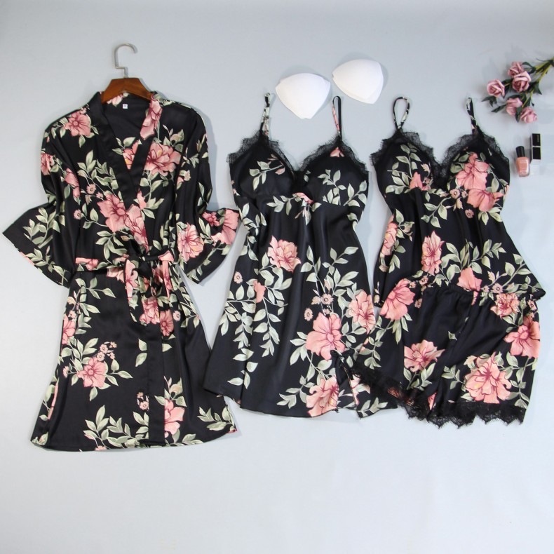 Printed Four Piece Set Of Simulated Silk Lace Transparent Fun Home Nightgown Suspender