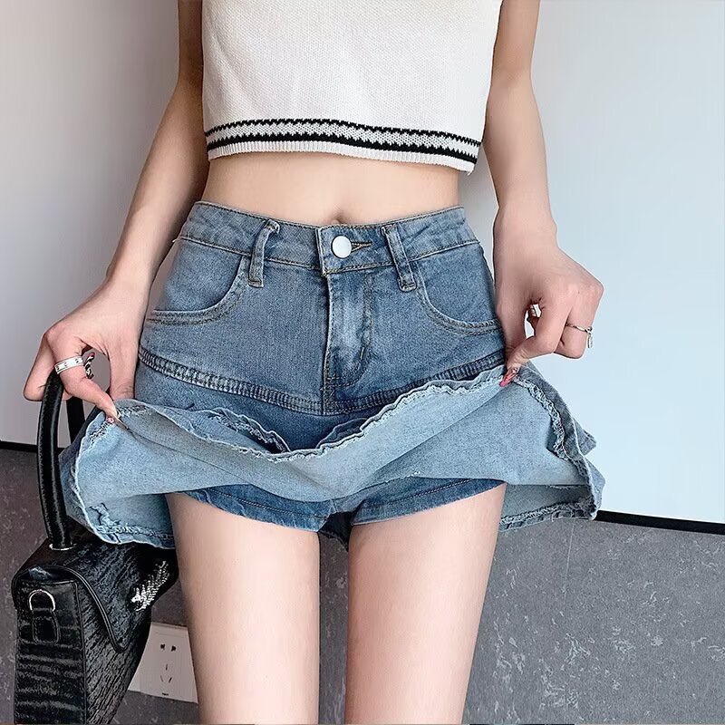 Ruffled Denim Short Skirt for Women Summer High-Waisted A-Line Fishtail Tutu Skirt Plus Size Fat Girl Slimming Look Hip-Hugging Skirt