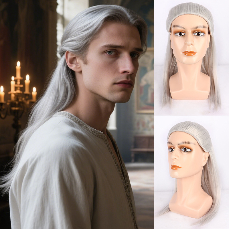 New Men's Wig, Gray-White Long Straight Hair, 80S Style Men's Synthetic Fiber Wig Headgear, Men's Wig New Men's Wig, Gray-White Long Straight Hair, 80S Style Men's Synthetic Fiber Wig Headgear, Men's Wig