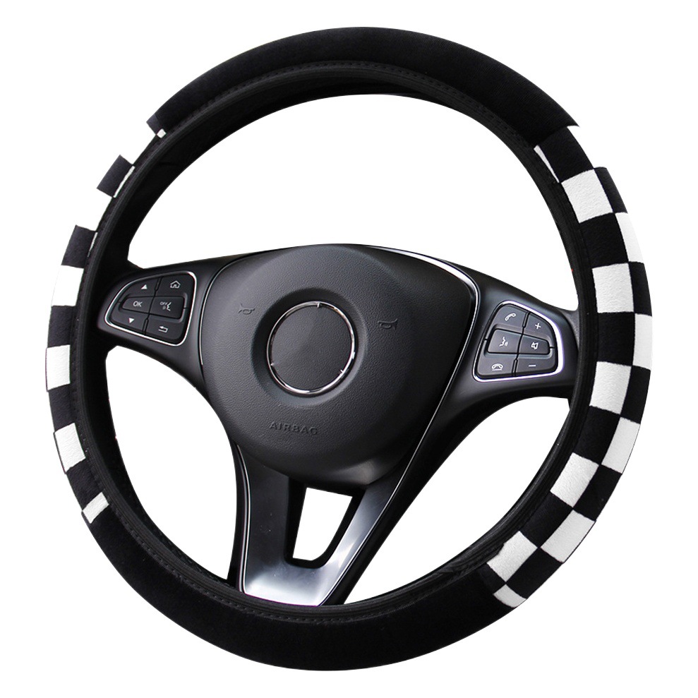 Negro y blanco Plaid felpa invierno cálido coche accesorios sin anillo interior cubierta del volante adecuado para 14,5-15 pulgadas mujeres
