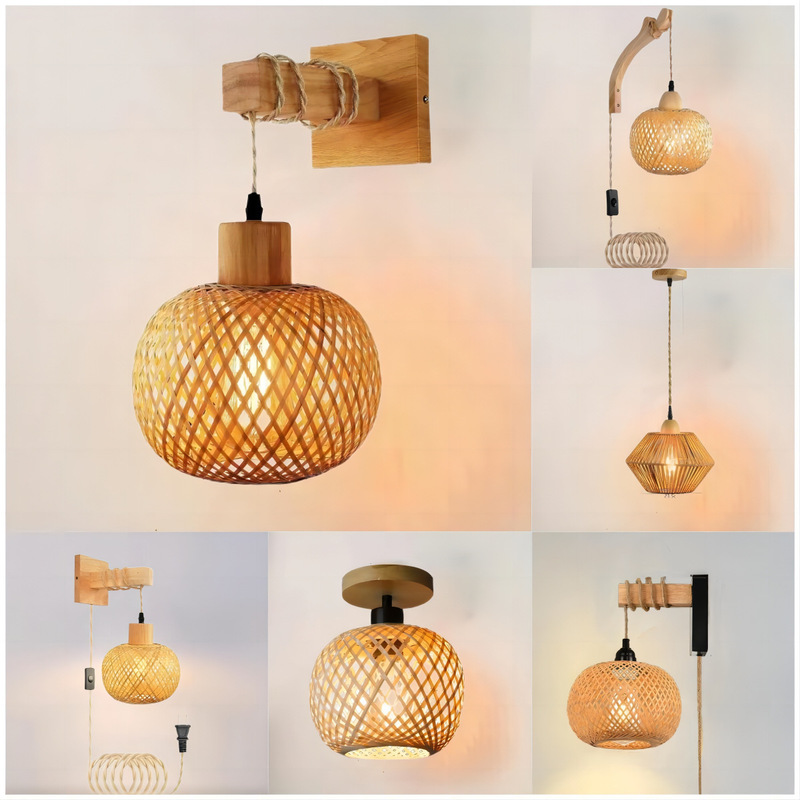 Plug-In Bamboo Wall Lamp Wooden Tea Room B&B Lamp Japanese Rattan Retro Creative Wabi-Sabi Style Bedroom Wall Lamp