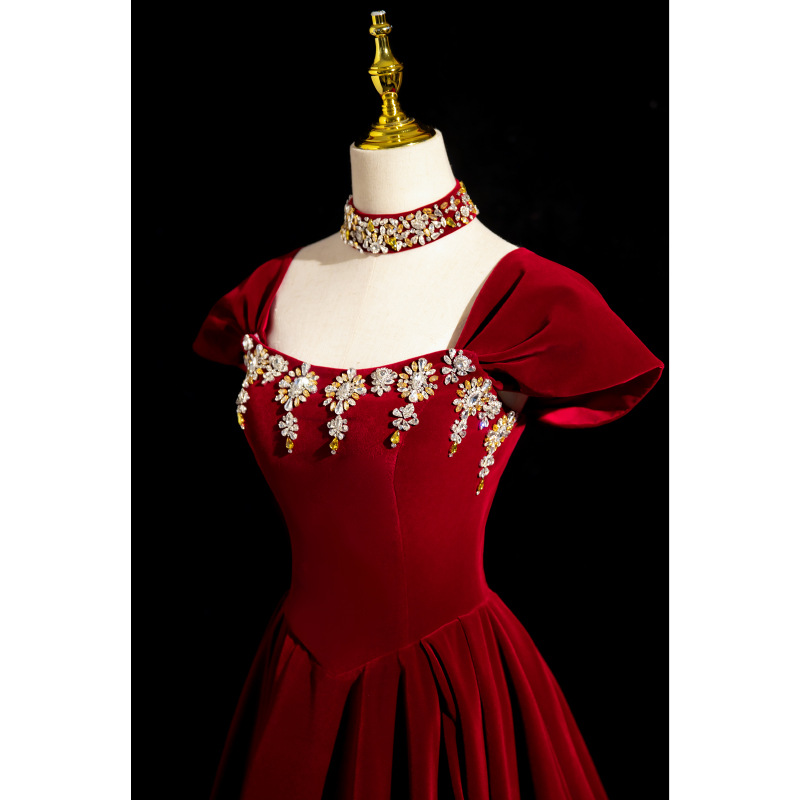 Vestido de noche de vino rojo para mujeres 2025 otoño nuevo anfitrión de voz de atmósfera brindis vestido de novia francés