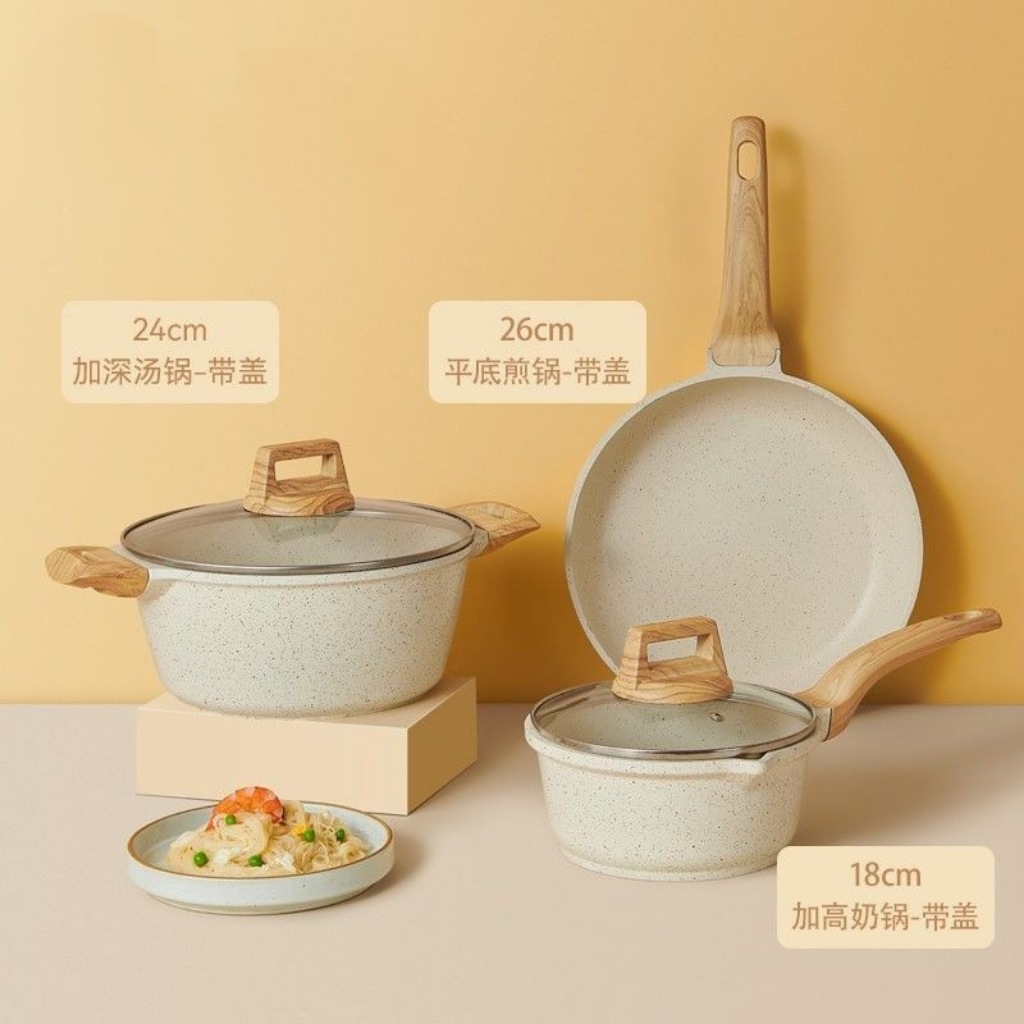 18cm 뚜껑 달린 우유 냄비 + 24cm 뚜껑 달린 수프 냄비 + 뚜껑 없는 26cm 프라이팬