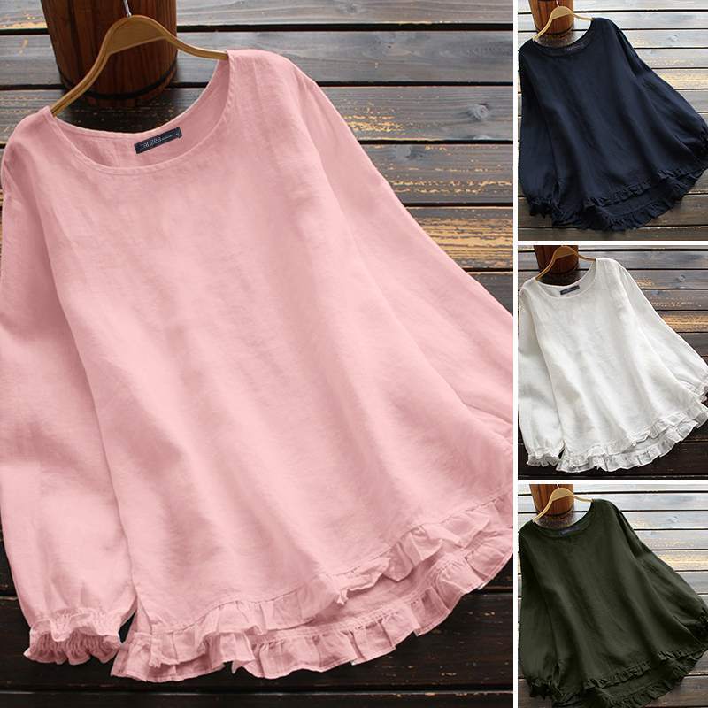 Large number of in stock AliExpress Amazon round neck long sleeve ruffled hem irregular loose women's cotton and linen top