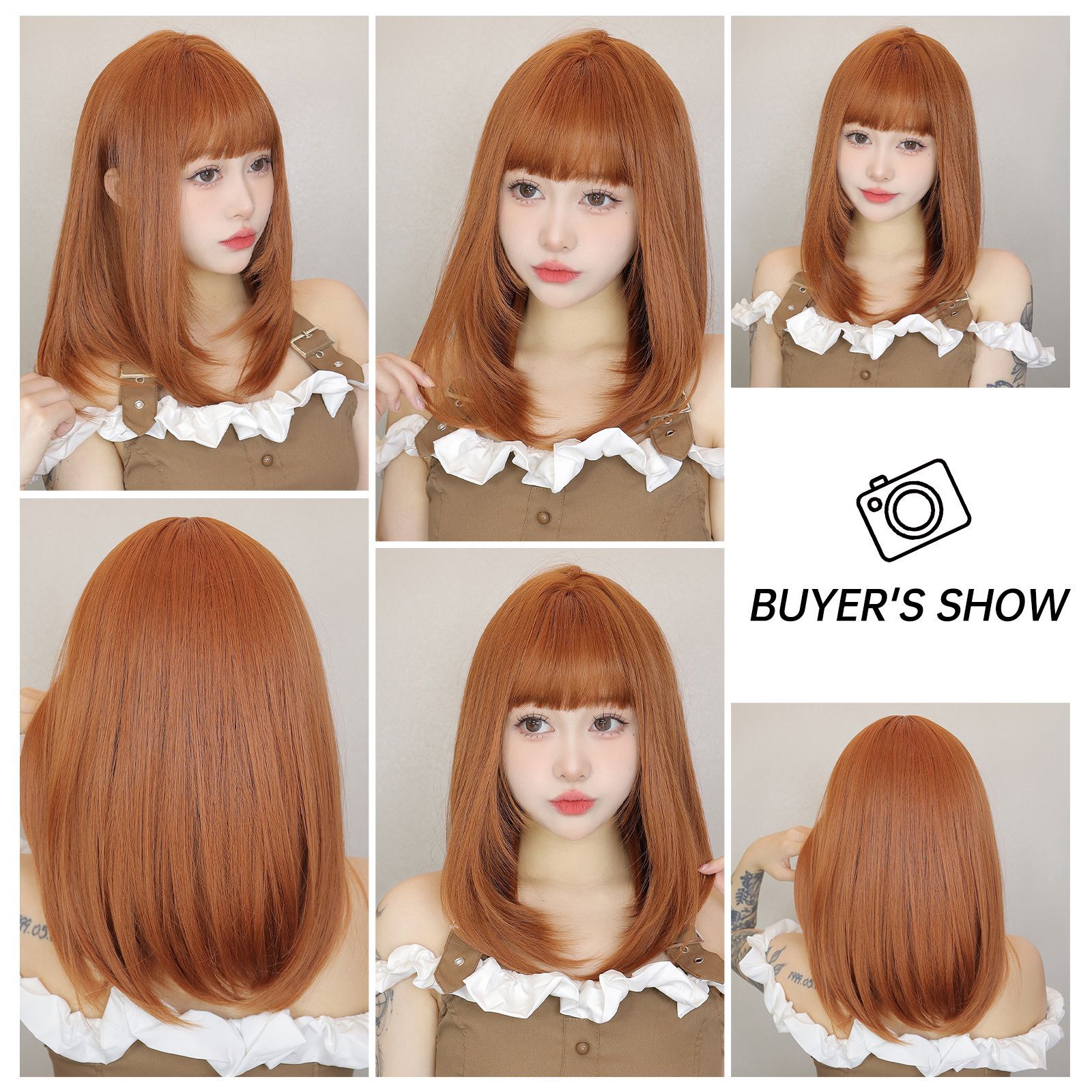 Peluca de dopamina japonesa y coreana clavícula naranja de longitud media pelo recto aire recto Bangs mujer Tuan estilo de fibra química cubierta de la cabeza completa