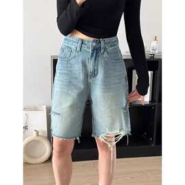破洞牛仔裤女2026夏季新款宽松短裤设计感毛边直筒裤子五分裤中裤