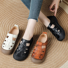 头层牛皮夏季新款复古罗马风凉鞋真皮透气防滑中老年厚底妈妈鞋子