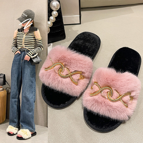 Women's New Metal Braided Chain Plush Slippers for Autumn/Winter Warmth, Flat Sole, Large Faux Fur One-String Slippers for Cross-Border Trade