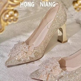 Thick Heel Wedding Shoes Bride Women's He Show Wedding Dress Two-Wear Crystal Shoes 2025 New Spring High Heels