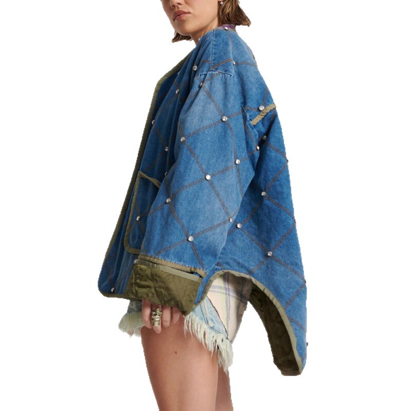 欧美跨境牛仔拼接绗缝订钻女秋季时尚保暖潮流轻质外套棉服MG600|undefined