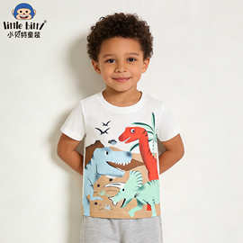 跨境童装26年春夏新款儿童短袖T恤休闲时尚卡通恐龙圆领印花上衣
