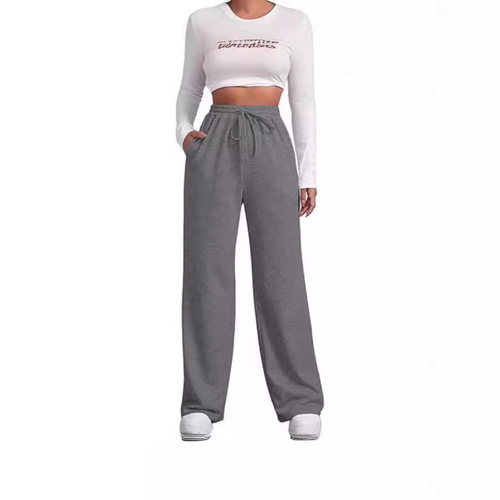 Women's Fall/Winter Fleece Lined Wide Leg Sports Pants High Waist Drawstring Loose Long Pants
