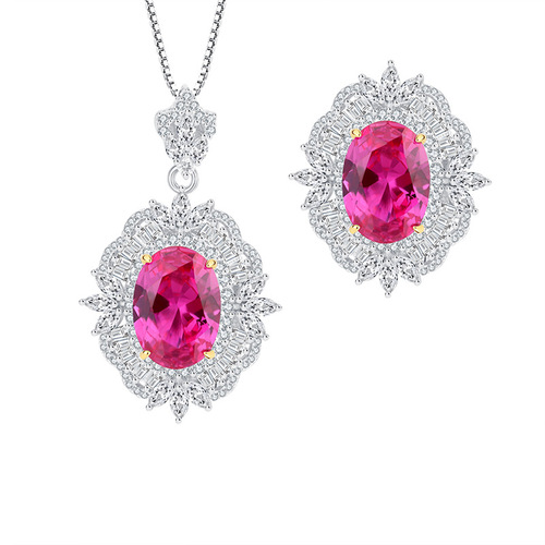 Zhuang Sheng Sheng Jewelry S925 Silver Hot Selling Simulation Rose Red Diamond Vintage Style Pendant Ring Set Main Stone 10*14