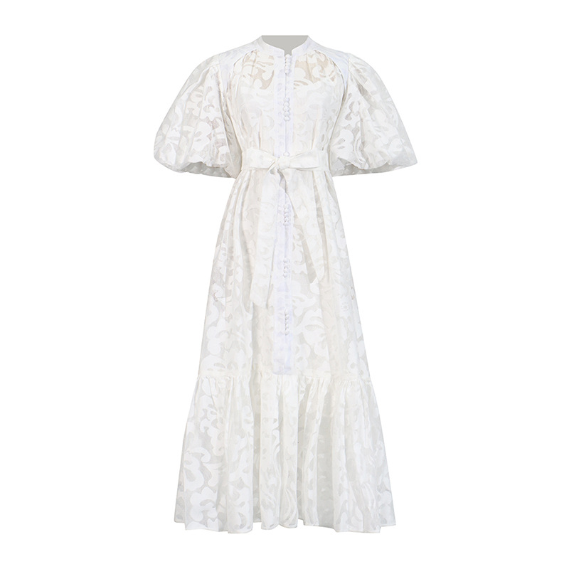Retro Design Maxi Dress Spring Summer Single Breasted Printed Lace up Short Sleeve Long Pattern Dress Women