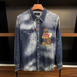 C13衬衫式夹克D2男装牛仔衬衣纽扣燕尾装潮流洗水刺绣徽章潮上衣