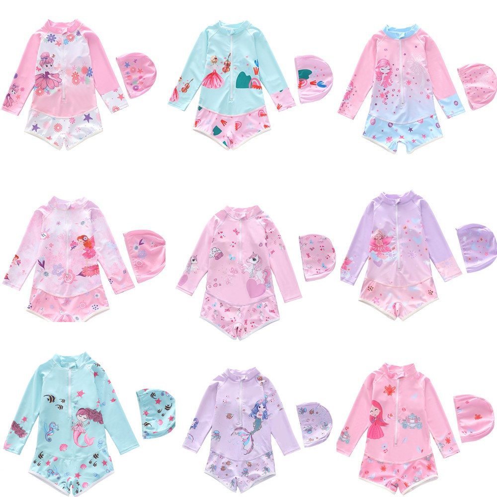 New Children's Swimsuit Female One-Piece Cartoon Sun Protection Long-Sleeved Swimsuit Korean Princess Small, Medium and Large Children's Swimsuit