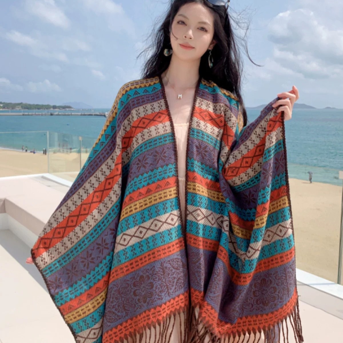 Ethnic Style Xinjiang Xizang Yunnan Lijiang Travel Versatile Tassel Shawl Jacquard Outer Warm Stripesd Cloak