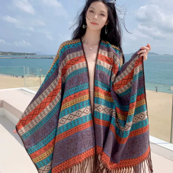 Ethnic Style Xinjiang Xizang Yunnan Lijiang Travel Versatile Tassel Shawl Jacquard Outer Warm Stripesd Cloak
