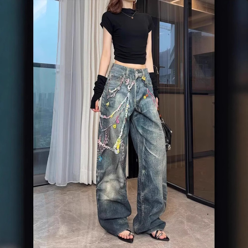 American Retro High Street hiphop Hip Hop Chain Printed Denim Pants Men's 2025 Spring Punk Heavy Industry Mop Pants American Retro High Street hiphop Hip Hop Chain Printed Denim Pants Men's 2025 Spring Punk Heavy Industry Mop Pants