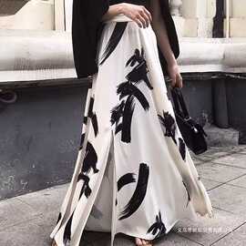 大码中国墨画印花半身裙女春夏字裙设计感复古开叉大摆长裙