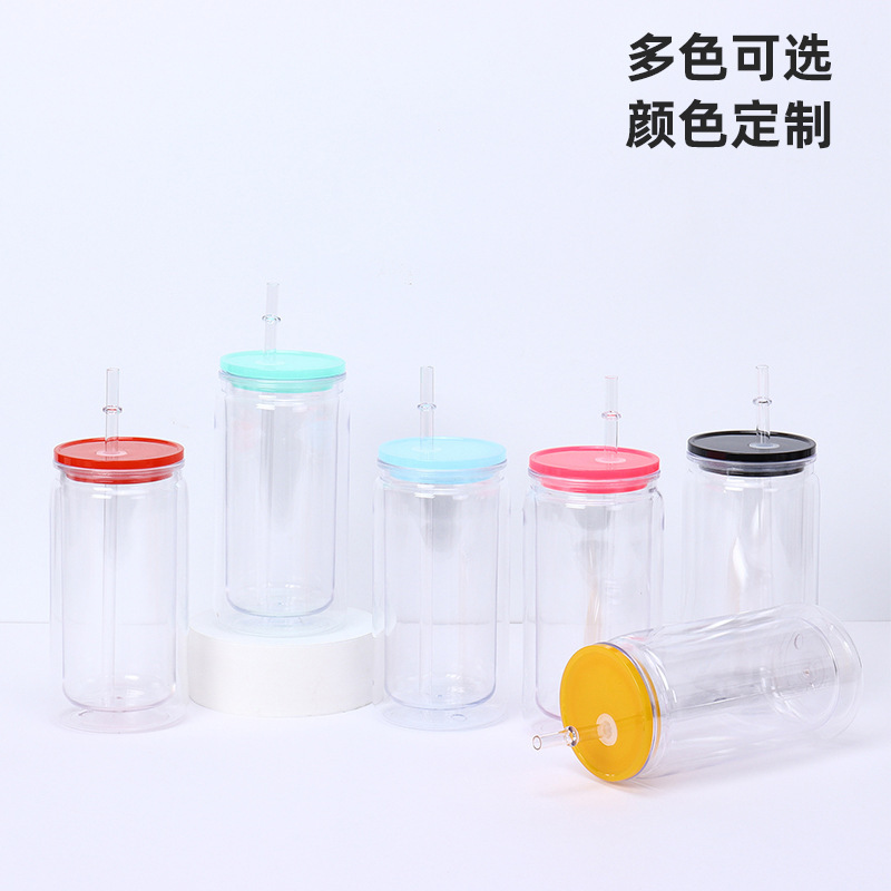 跨境双层16oz塑料吸管水杯大容量户外便携车载随手梅森塑料杯批发|undefined