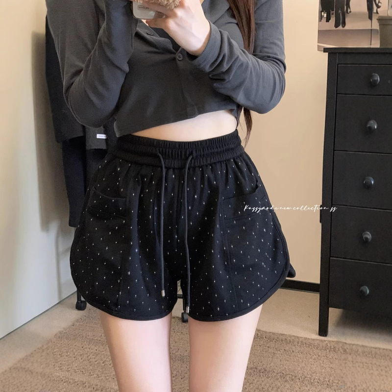 Black Design Niche Hot Diamond Hot Pants Casual Pants Women's Summer High-Waisted Loose Sports Pants Wide-Leg Pants Shorts
