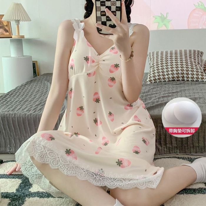 Pijamas al por mayor transfronterizos para mujer de encaje de verano con almohadilla para el pecho para mujer vestido de honda suelto simple para mujer camisón