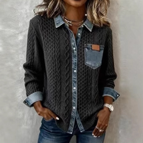 2025 New European and American Style Knitted Patchwork Denim Shirt for Women, Fashionable and Versatile Long-Sleeve Cardigan Jacket for Autumn and Winter