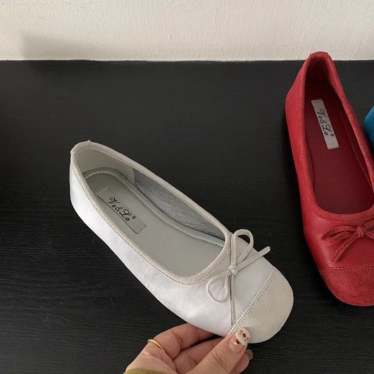 Footwear, blue ballet shoes with bow, french style, soft sole