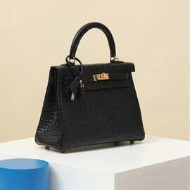 纯手工缝制凯莉包原厂雾面美洲鳄鱼皮黑色金扣手提女包单肩斜挎