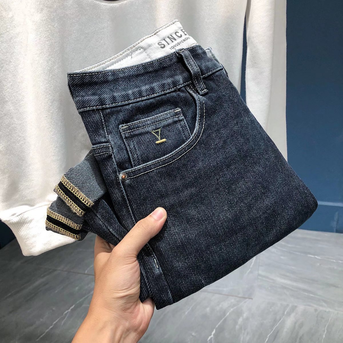 Jeans, Herren Frühjahrskollektion, neue trendige Markenhosen, elastische und vielseitige Slim Fit Hose mit kleinem Bein_voghion.com