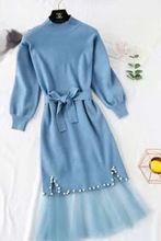 中长款网纱针织衫连衣裙秋冬新款半高领钉珠针织加厚毛衣女潮