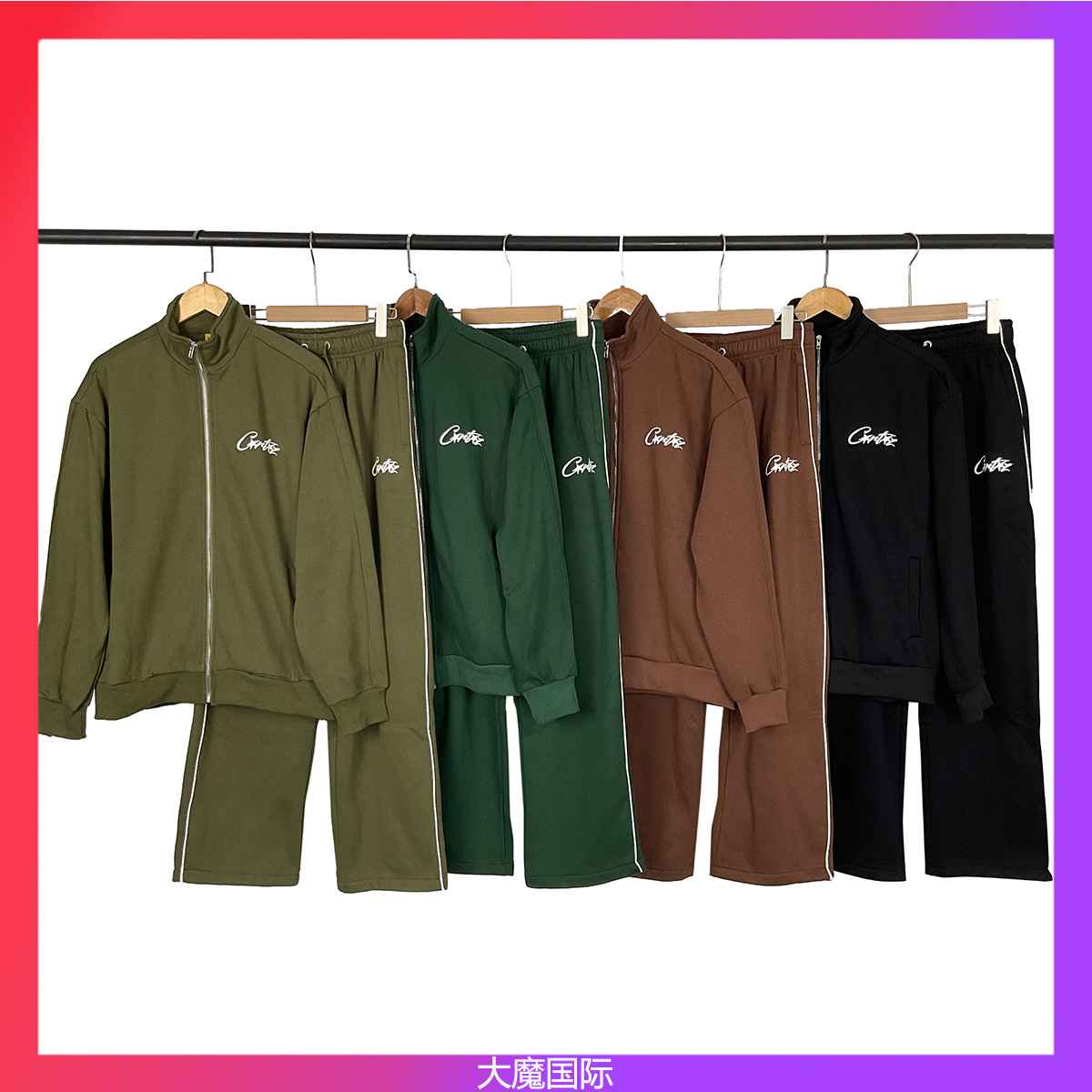 Cross-Border Corteiz American Retro Print Jacket with Stand Collar and Fleece Lining, Alcatraz Set, High Street Casual Pants for Men and Women