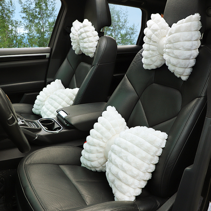 冬季汽車頭枕護頸枕毛絨蝴蝶結柔軟車載靠枕腰枕簡約格子汽車頭枕